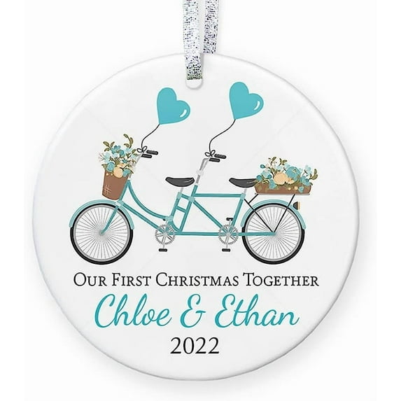 Personalized First Christmas Together Ornament with Tandem Bicycle and Flowers, Couple Gift Keepsake with Name and Year, Ceramic Tree Decoration