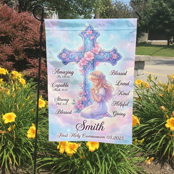 Personalized First Communion Garden Flag Custom Girl Name Cross Sign Religious Sacrament D