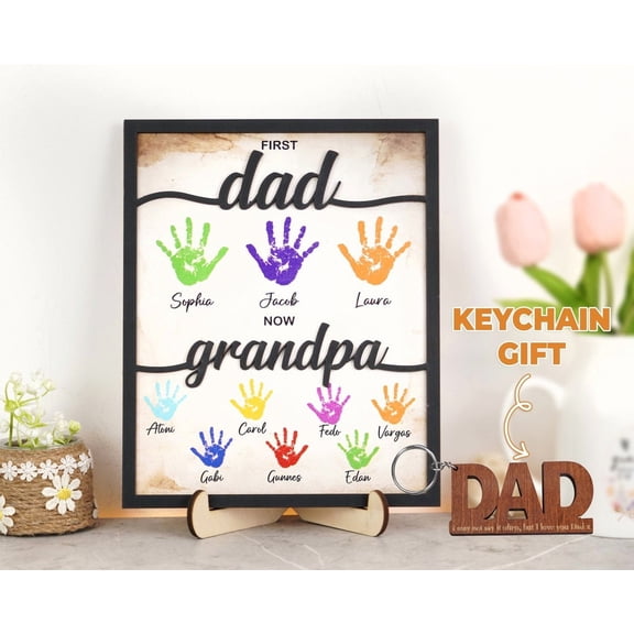 Personalized First Dad Now Grandpa Wooden Plaque, Custom Handprint Family Plaque, Gift for Dad or Grandpa, Father's Day Gift, Custom Family Gift