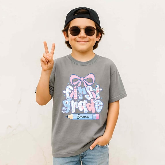 Personalized First Grade Shirt with Custom Name, Back to School Coquette Bow Tee, Youth Unisex T-Shirt