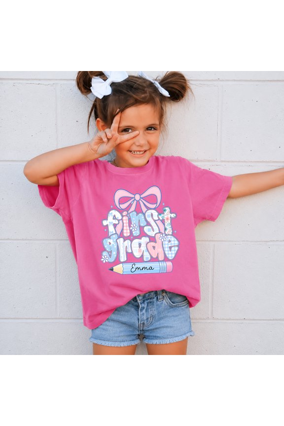 Personalized First Grade Shirt with Custom Name, Back to School Coquette Bow Tee, Youth Unisex T-Shirt