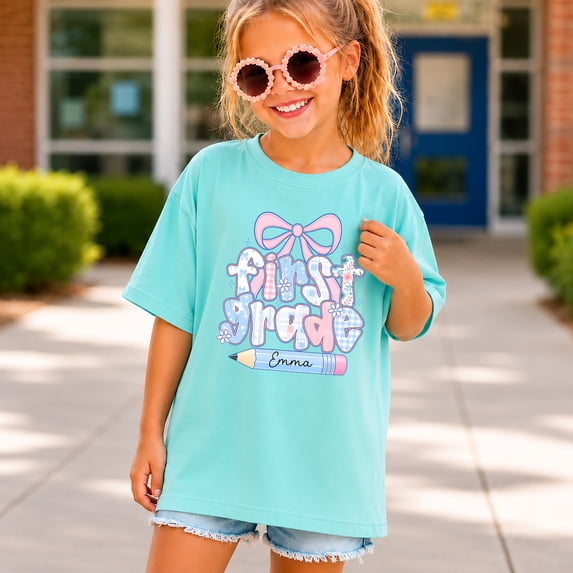 Personalized First Grade Shirt with Custom Name, Back to School Coquette Bow Tee, Youth Unisex T-Shirt