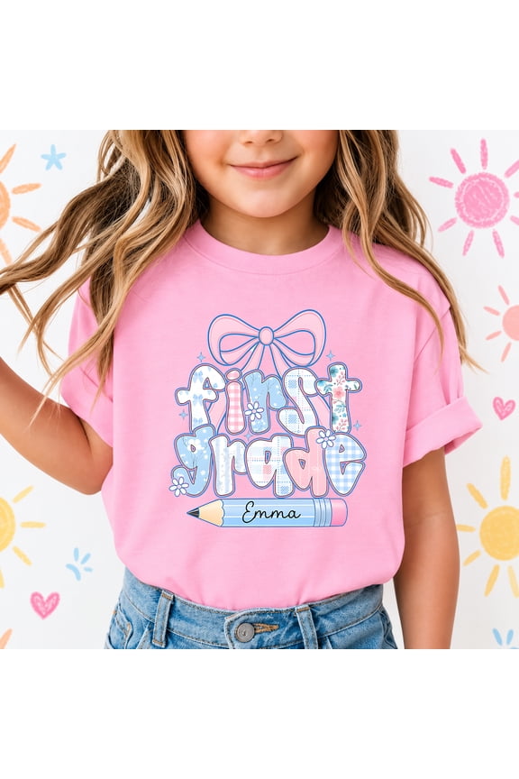 Personalized First Grade Shirt with Custom Name, Back to School Coquette Bow Tee, Youth Unisex T-Shirt