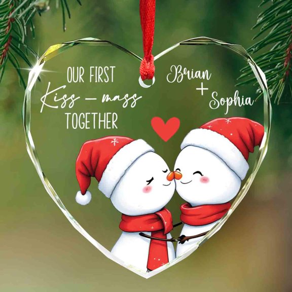 Personalized Our First Kiss-Mass Together Glass Heart Ornament, Custom Snowman Couple Ornament 2025, Our First Christmas Together Ornaments for Newlyweds Mr & Mrs, 1st Christmas Keepsake Gift