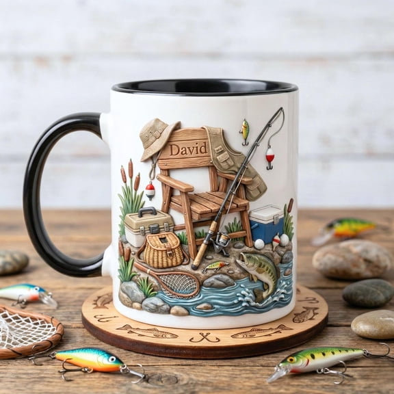 Personalized Fisherman Accent Mug, Fishing Lure Coffee Cup, Father’s Day Gift for Dad or Grandpa, Custom Mug Gift For Fishing Lover
