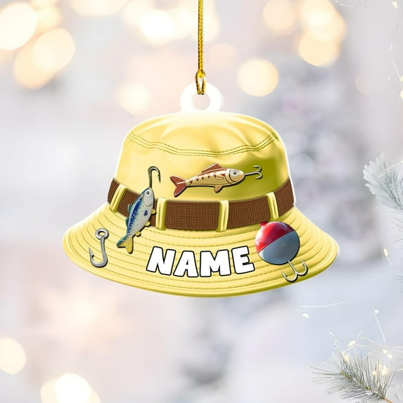 Personalized Fishing Christmas Ornament, Fishing Vest and Hat with Bobber and Fishing Pole Accessories for Fisherman Hanging Christmas Ornament, Fishing Ornament (Acrylic, Style 13) - 3505 (Yellow)