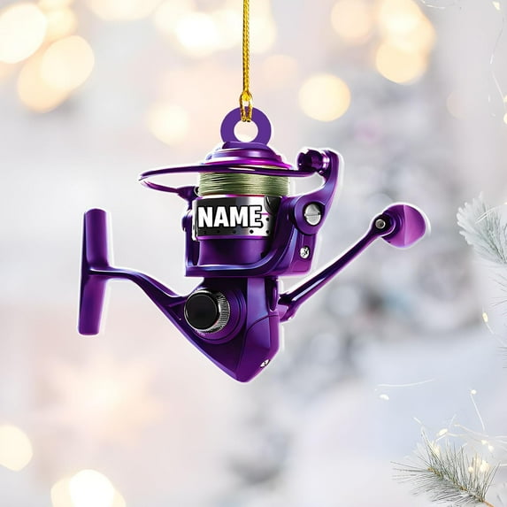 Personalized Fishing Christmas Ornament, Fishing Vest and Hat with Bobber and Fishing Pole Accessories for Fisherman Hanging Christmas Ornament, Fishing Ornament (Acrylic, Style 11) - 3502 (Purple)