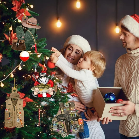 Personalized Fishing Christmas Ornament, Fishing Vest and Hat with Bobber and Fishing Pole Accessories for Fisherman Hanging Christmas Ornament, Fishing Ornament (Acrylic, Style 14) - 3504 (Red)