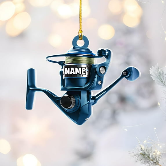 Personalized Fishing Christmas Ornament, Fishing Vest and Hat with Bobber and Fishing Pole Accessories for Fisherman Hanging Christmas Ornament, Fishing Ornament (Acrylic, Style 11) - 3502 (Blue)