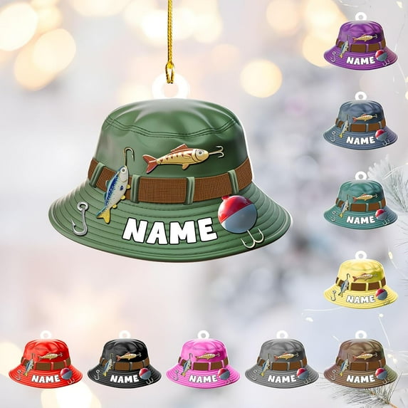 Personalized Fishing Christmas Ornament, Fishing Vest and Hat with Bobber and Fishing Pole Accessories for Fisherman Hanging Christmas Ornament, Fishing Ornament (Acrylic, Style 13) - 3505 (Green)
