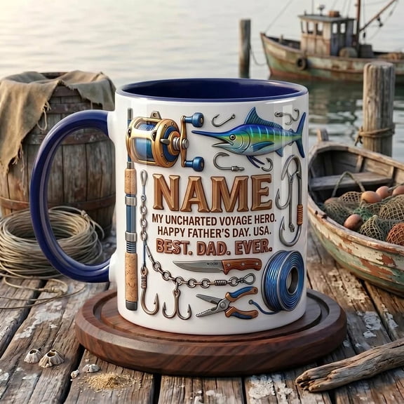Personalized Fishing Dad Mug, Faux 3D Effect, Father's Day Gift, Ceramic Coffee Cup