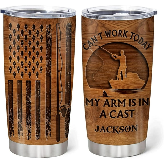 Personalized Fishing Gifts For Men - Can't Work Today My Arm Is In A Cast Tumbler 20 Oz Travel Coffee Mug Stainless Steel - Fathers Day Gift For Dad, Him, Boy, Husband On Birthday, Christmas