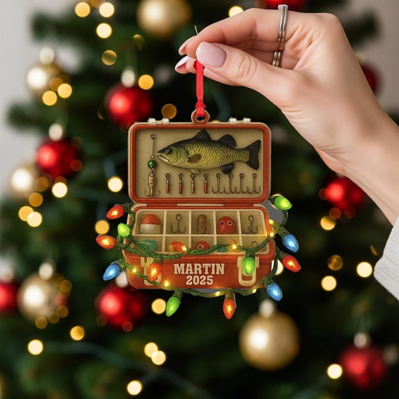 Personalized Fishing Tackle Box Acrylic Christmas Ornament 2025 with Lights Custom Name Angler Holiday Tree Decor, Bass Fishing Enthusiast Keepsake
