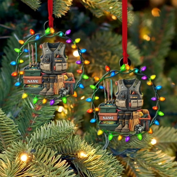 Personalized Fishing Vest Acrylic Christmas Ornament Custom Name Angler Holiday Tree Decor, Fisherman Keepsake Gift for Outdoor Enthusiasts