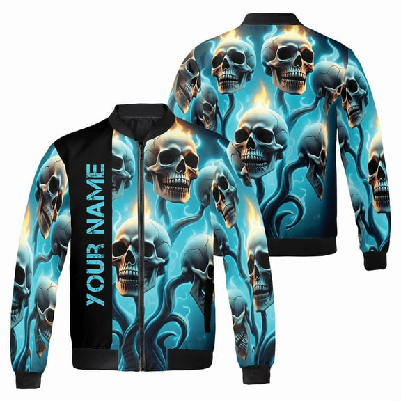 Personalized Flaming Skull Bomber Jacket – Custom Name Gothic Blue Flame Skeleton Coat – Halloween Biker Streetwear
