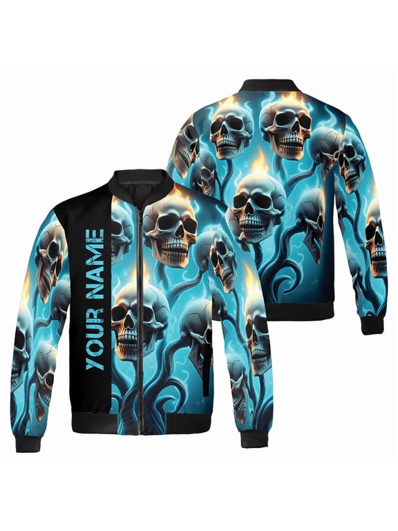 Personalized Flaming Skull Bomber Jacket – Custom Name Gothic Blue Flame Skeleton Coat – Halloween Biker Streetwear