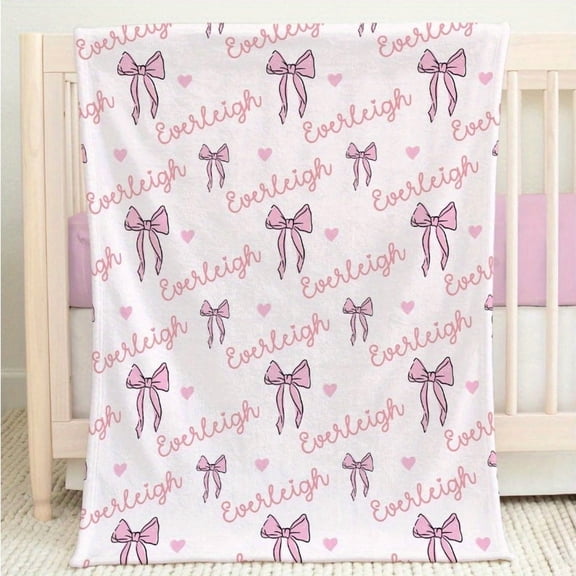 Personalized Flannel Blanket with Pink Bow Print & Custom Name, Soft Warm Polyester, Machine Washable, for Sofa Bed Travel Camping Living Room Office, Cozy Home Decor