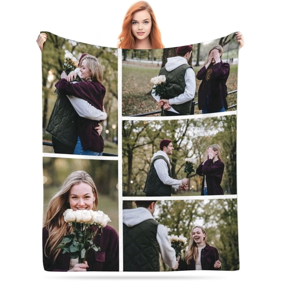 Personalized Flannel Thick Blanket Custom with Photos Texts Logos for Family Friends Neighbors Christmas Halloween Birthday Wedding Customized Gifts, 40"x50" White Blankets