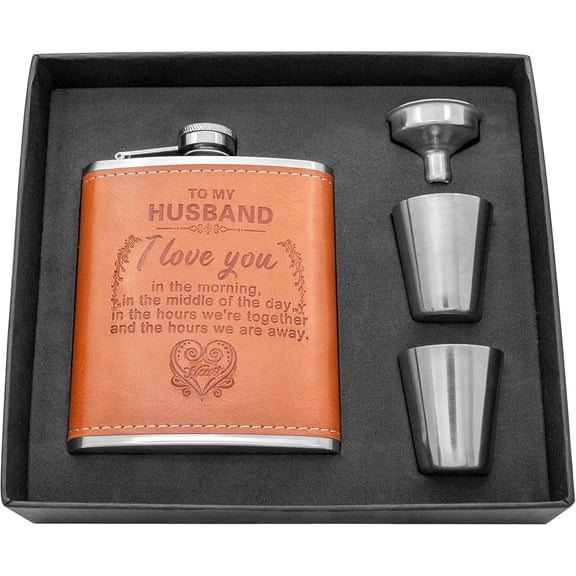 Personalized Flask Set Father's Day Gift For Husband - Engraved Hip Flasks For Husband - Stainless Steel with Leather Flask For Men, Wedding Valentine's Christmas Gift For Husband