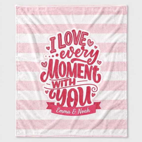 Personalized Fleece Blanket, Custom Name Date Text Romantic Pink Stripe Throw, 280 GSM Polyester, Multiple Sizes