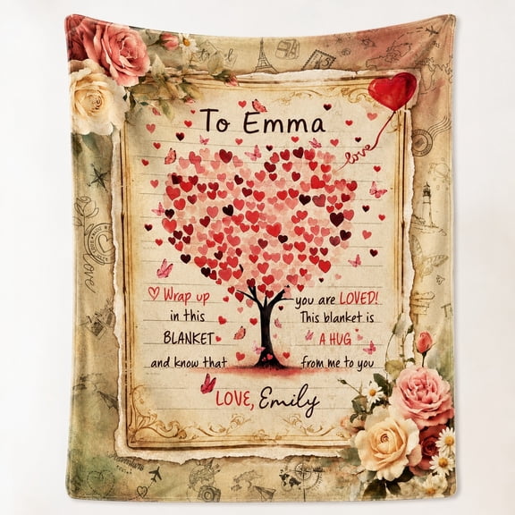 Personalized Fleece Blanket Custom Name Text Heart Tree Rose 280gsm Polyester Throw, 30x40 to 60x80 in