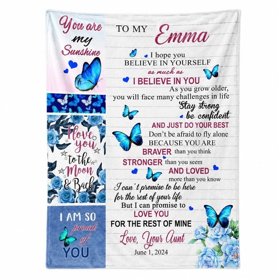 Personalized Fleece Blanket, Custom Text Name Date 3D Print Polyester Throw, Blue Butterfly Floral Gift Blanket