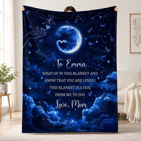 Personalized Fleece Blanket Custom Text Name Moon Heart Design, 280gsm Polyester Throw Blanket, 30x40 to 60x80 in