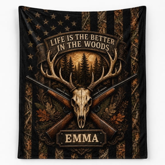 Personalized Fleece Blanket, Life Is Better in the Woods Custom Name Throw, 280 GSM Polyester 3D Print Blanket, Rustic Hunting Cabin Gift