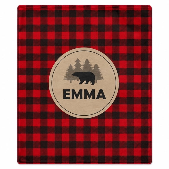 Personalized Red Buffalo Plaid Bear Forest Fleece Throw Blanket, Custom Name, Soft 280 Gsm Polyester, Animal Lover Decor for Couch, Sofa & Bed