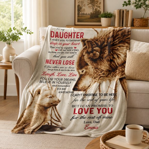 Personalized Fleece Blanket for Daughter, Custom Text Name Date 3D Print Polyester Throw Blanket, Wolf Gift, Multiple Sizes