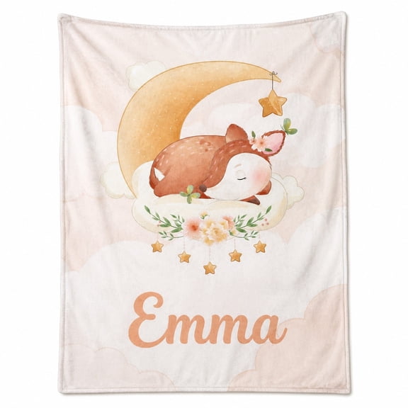 Personalized Fleece Blanket with Name, Small Deer Moon Bedroom Throw, Custom Text 280gsm Polyester Blanket
