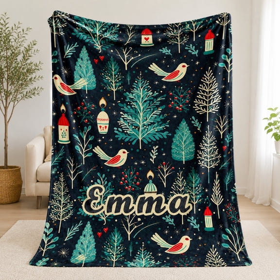 Personalized Fleece Blanket with Name, Custom 3D Print Polyester Throw, 280gsm, Woodland Bird Tree Design, 30x40 to 60x80