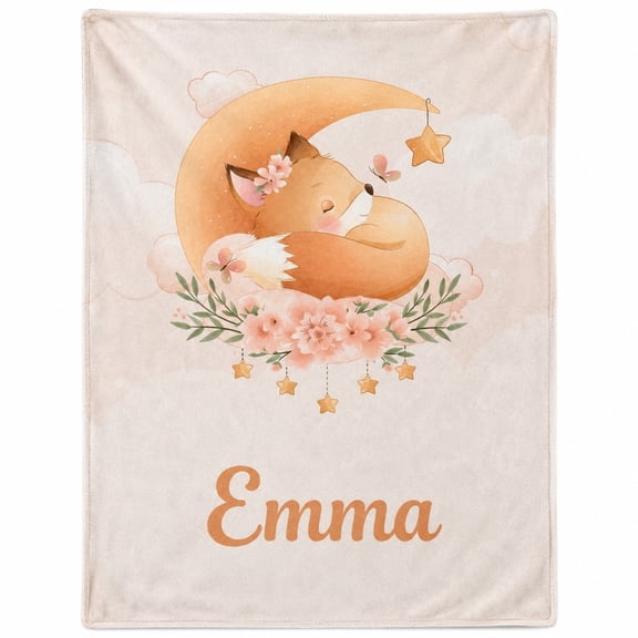 Personalized Fleece Blanket with Name, Custom Woodland Fox Moon Floral Throw, 280gsm Polyester Fleece, Multiple Sizes