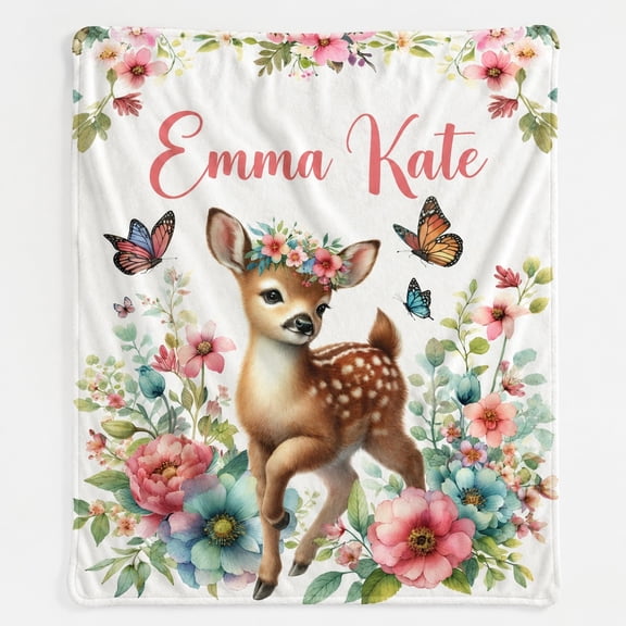 Personalized Fleece Blanket with Name, Floral Deer Butterfly 3D Print Throw, 280gsm Polyester, Custom Text Gift