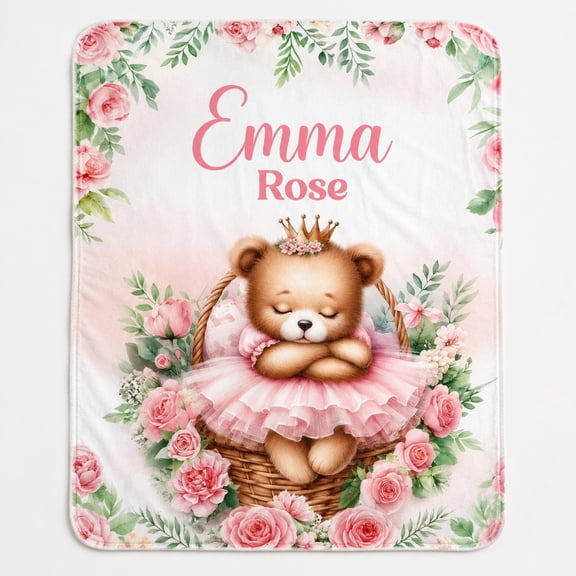 Personalized Fleece Blanket with Name, Floral Teddy Bear Small Blanket, 3D Print Polyester Fleece, Custom Text Name Date, 30x40 to 60x80