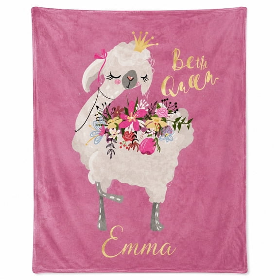 Personalized Fleece Blanket with Name, Pink Floral Llama Queen Design, Soft Polyester 280gsm Throw, Custom Text Gift