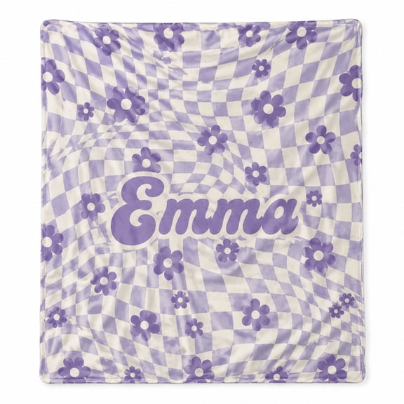Personalized Fleece Blanket with Name, Purple Checker Floral 3D Print Throw, 280gsm Polyester, Custom Text Gift, Multiple Sizes