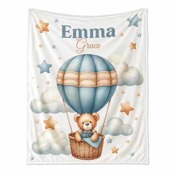 Personalized Fleece Blanket with Name, Teddy Bear Hot Air Balloon Bedroom Throw, Custom Text Small Blanket, 280 GSM Polyester Fleece