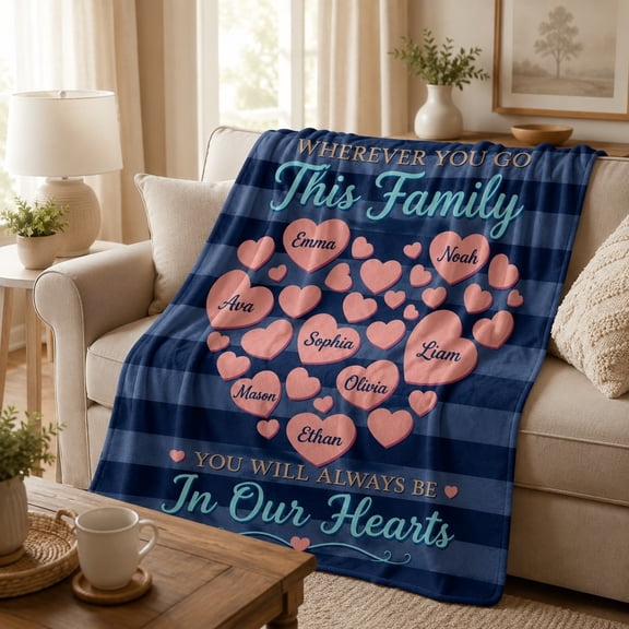Personalized Fleece Blanket with Names, Custom Family Love Heart Blanket, 280gsm Polyester Fleece Throw, 30x40 to 60x80
