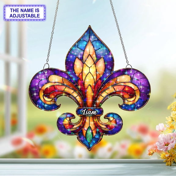 Personalized Fleur De Lis Acrylic Suncatcher, Custom Name Holographic Window Hanging Decor, Home Decor Gift