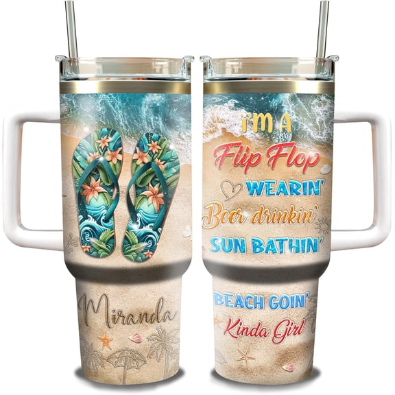 Personalized Flip Flop Beach 40oz Tumbler with Handle and Straw Lid Stainless Steel Tumblers Summer Gifts Ideas For Sunbathing Sea Turtle Starfish Lovers Ocean Themed Insulated Cup