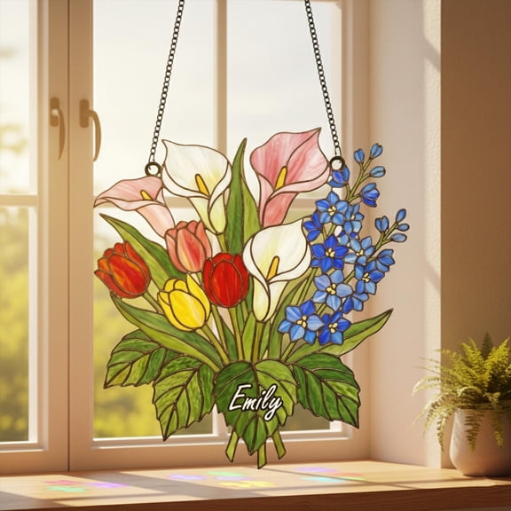 Personalized Floral 2D Flat Acrylic Suncatcher - Custom Name | Window Hanging | Spring Flower Bouquet | Mother's Day Gift | Home Decoration