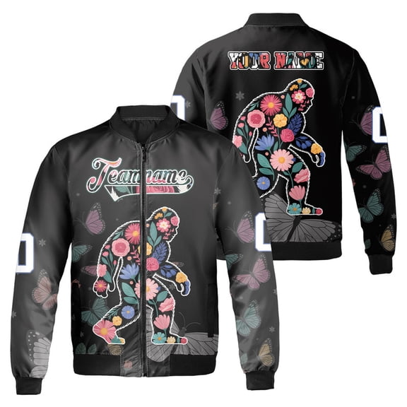 Personalized Floral Bigfoot Bomber Jacket - Unique and Stylish Jacket for Nature Lovers, Outdoor Enthusiasts, and Fans of Mythical Creatures