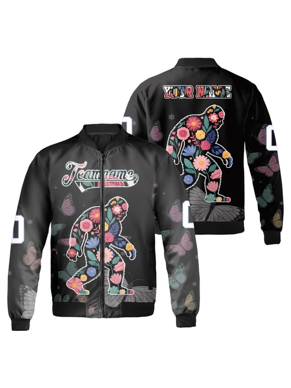 Personalized Floral Bigfoot Bomber Jacket - Unique and Stylish Jacket for Nature Lovers, Outdoor Enthusiasts, and Fans of Mythical Creatures