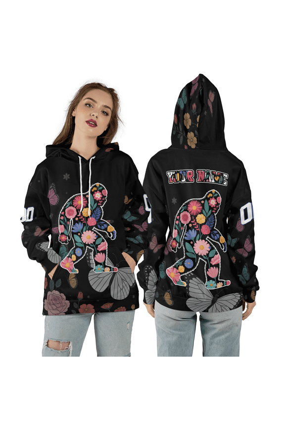 Personalized Floral Bigfoot Hoodie, Sasquatch Walking Butterfly & Flower 3D Graphic Pullover Hoodie, Nature Gift for Christmas, Halloween & Birthday