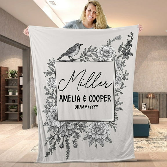 Personalized Floral Bird Couple Blanket, Custom Couple Throw for Bridal Shower, Wedding Anniversary Gift, Partners Romantic Fleece & Sherpa Blanket