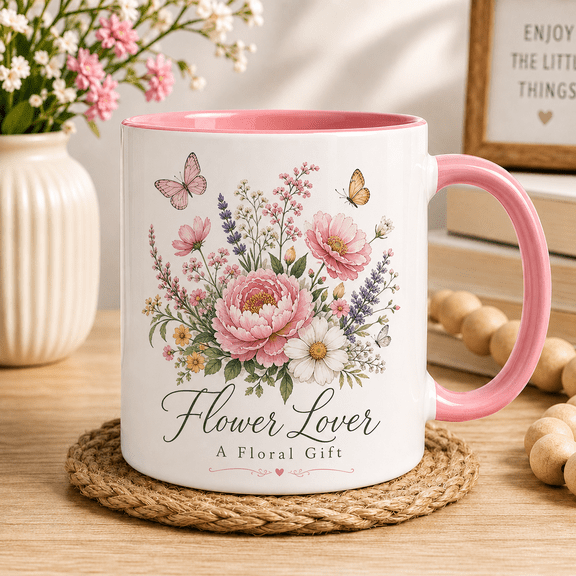 Personalized Floral Books Ceramic Coffee Mugs Custom Name for Reader & Flower Lover Gift 11 oz 15 oz
