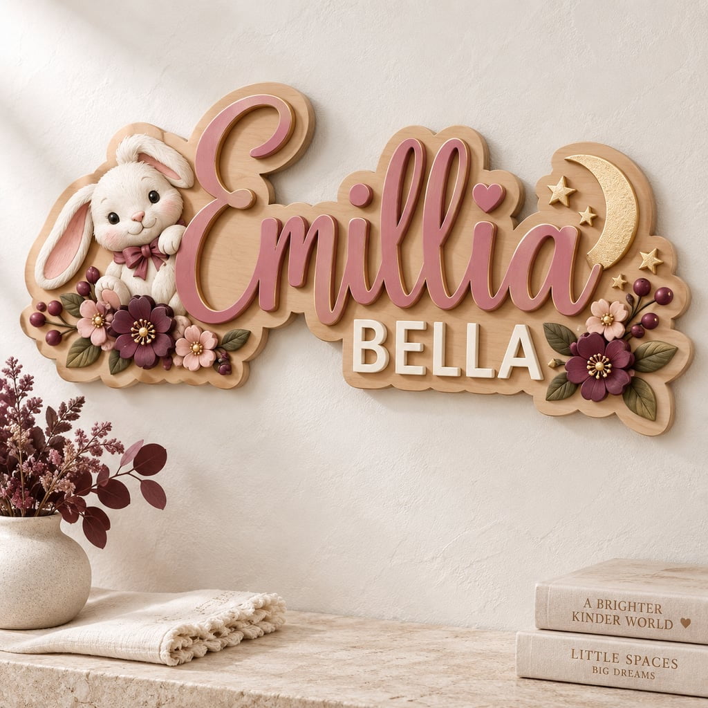 Personalized Floral Bunny Name Plaque, Wooden Room Wall Decor Gift ...