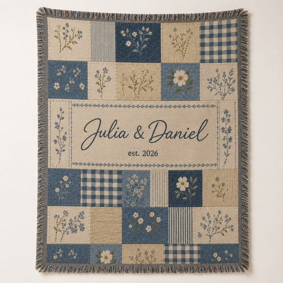 Personalized Floral Couple Woven Blanket, Custom Name and Date Cotton Throw