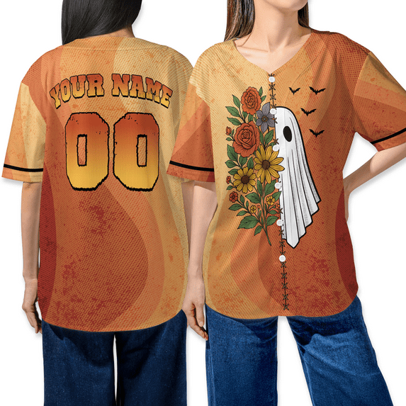 Personalized Floral Ghost Halloween Baseball Jersey – Custom Name Fall Spirit Shirt – Vintage Retro Orange Unisex Button Up Costume Top